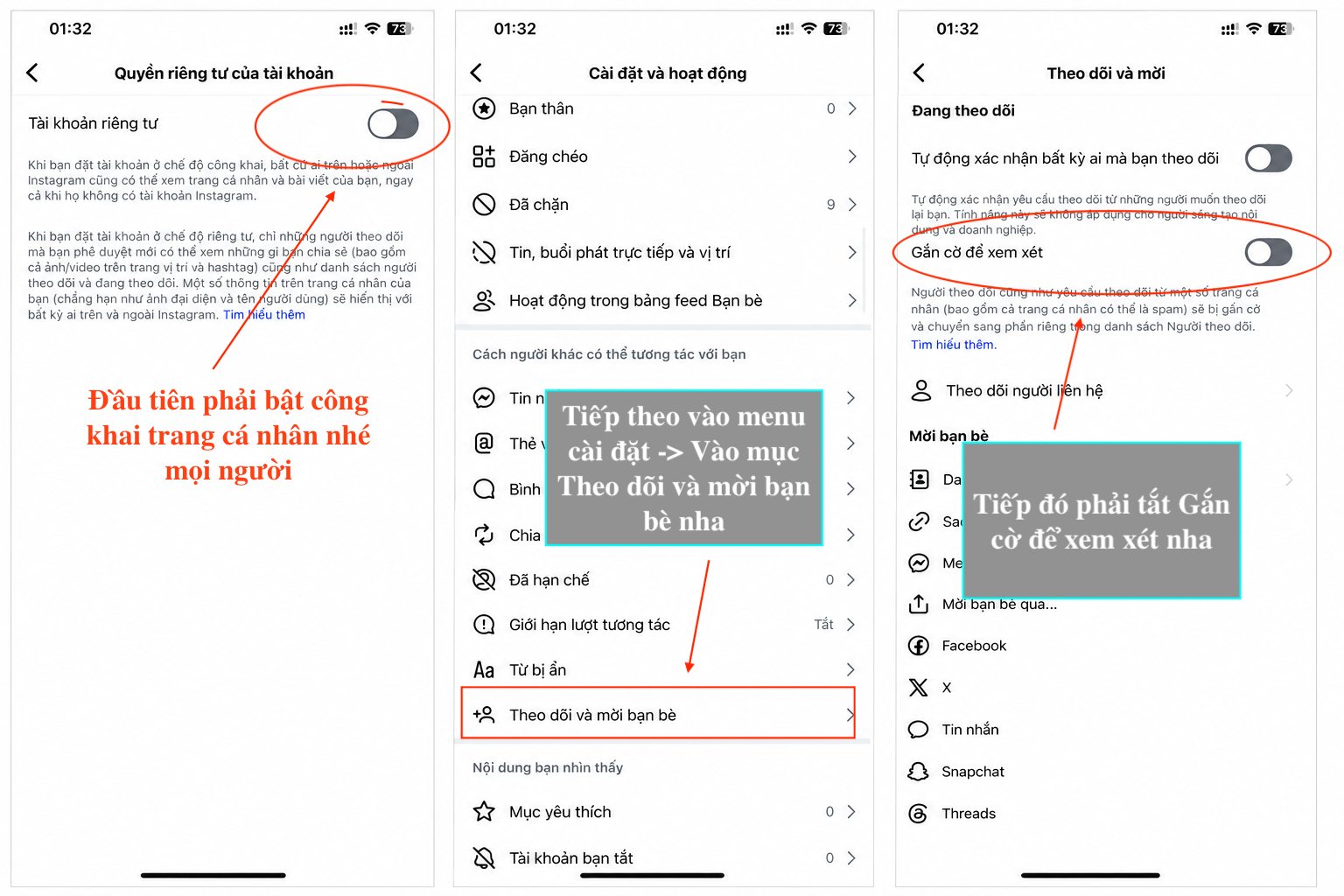 Hướng dẫn bỏ chế độ riêng tư và tắt gắn cờ để xem xét trên Instagram