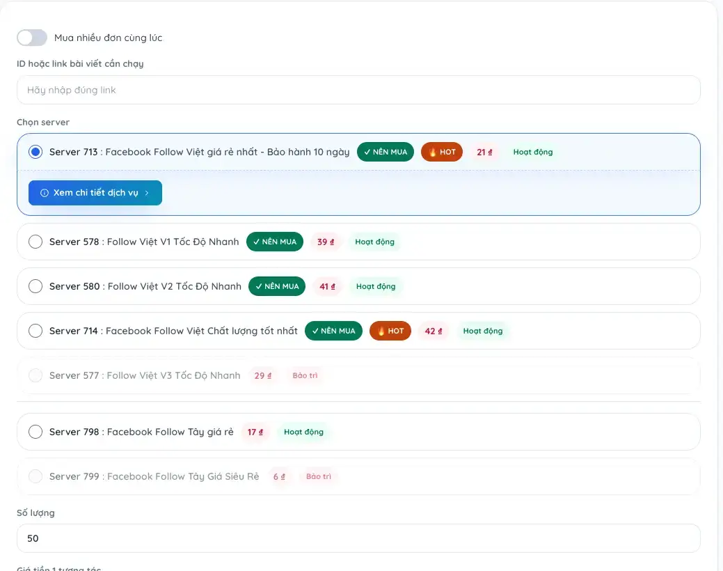 Giao diện dịch vụ tăng fl tr&ecirc;n facebook tại Appbufflike